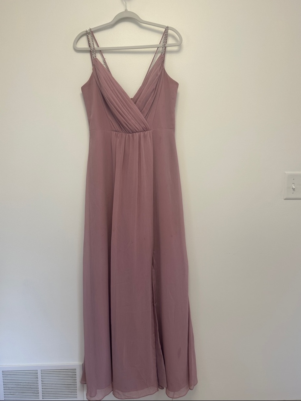 David's Bridal Mauve Pleated V-Neck Maxi Dress